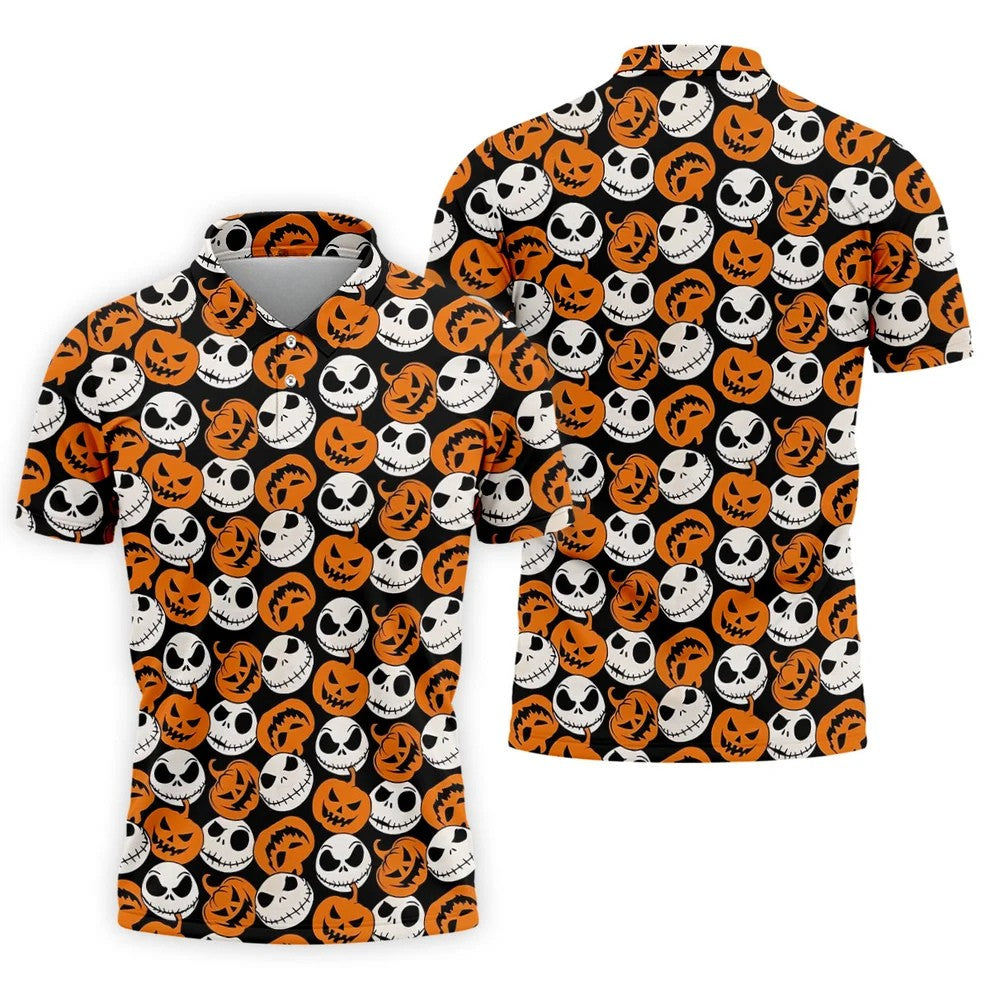 Halloween Skull Pumpkin Pattern Golf Polo Shirt, Men's Golf Shirt, Hawaiian Golf Shirt