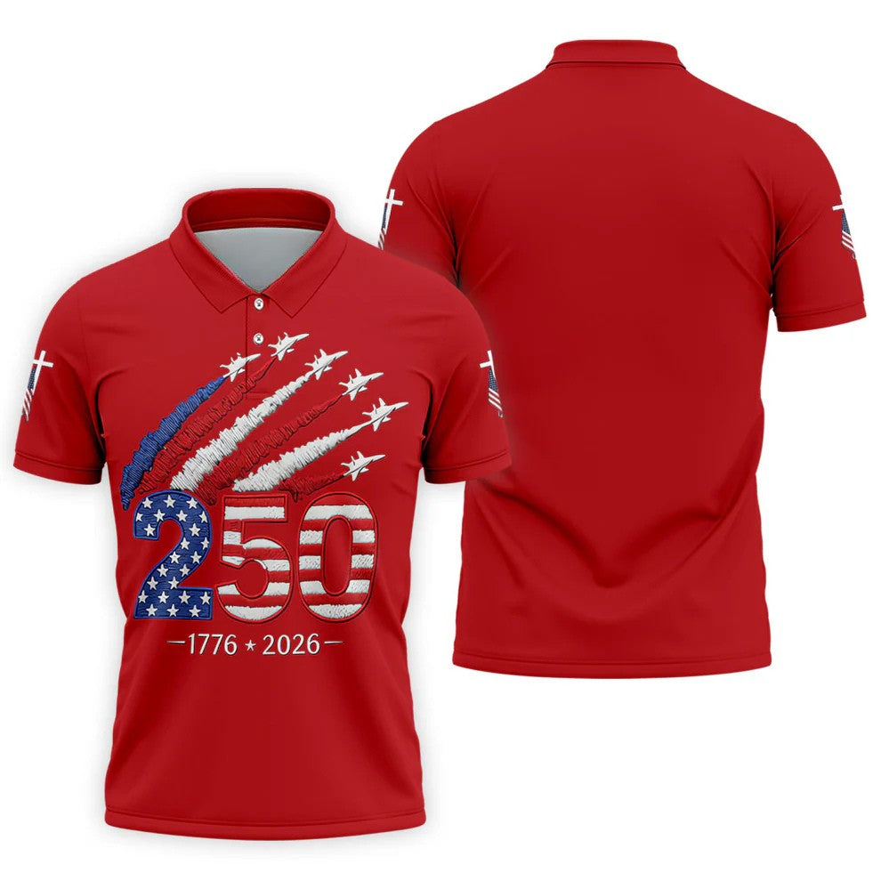 Flying Fighter Jets Faith Cross Patriotic 4th Of July Red Golf Shirt, 250 Years Golf Shirts For Men