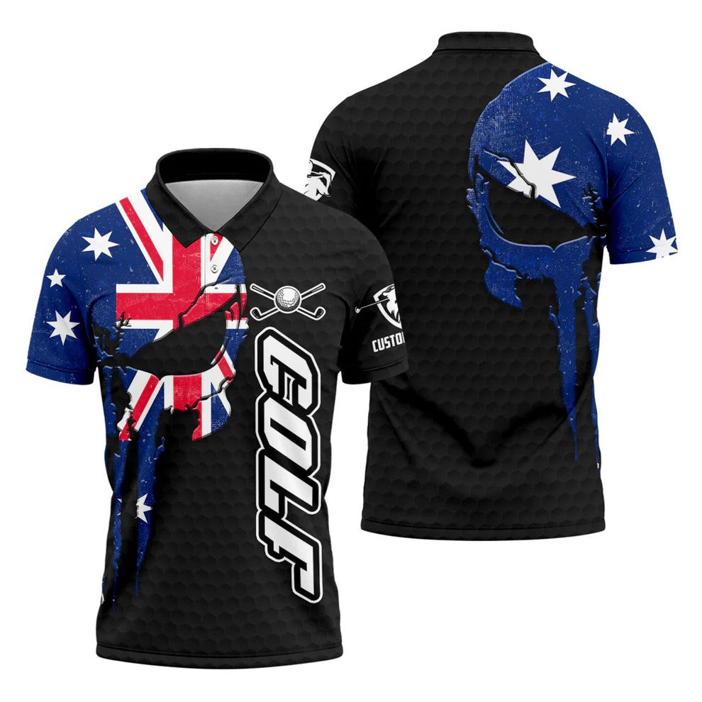 Cool Skull Golf Ball Pattern Australia Flag Print Black Golf Shirt, Polo Shirts For Men