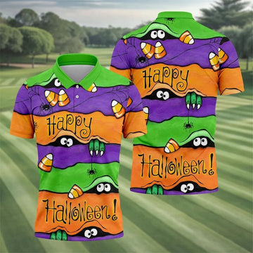 Happy Halloween Candy Monster Horror Character Polo Shirt, Golf Shirt, Mens Golf Polo