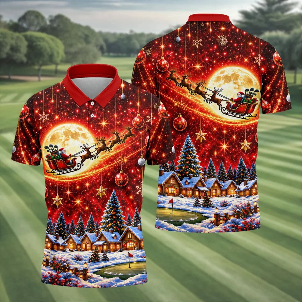 Santa Sleigh Comet Christmas Golf Shirt, Mens Golf Polo, Mens Holiday Golf Shirts