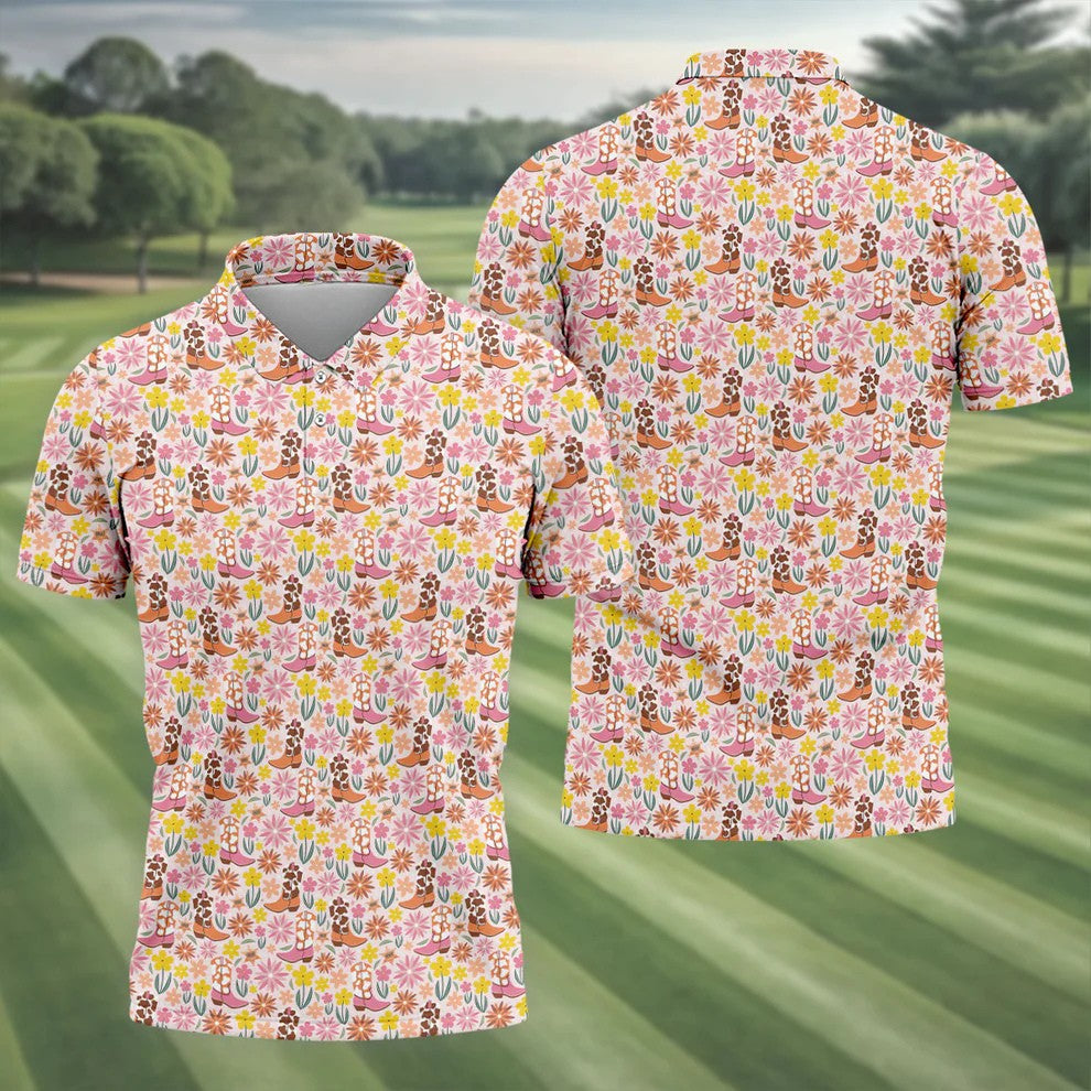 Pink Floral Cowgirl Boots Pattern Golf Polo Shirt, Mens Golf Polo, Golf Shirts For Men