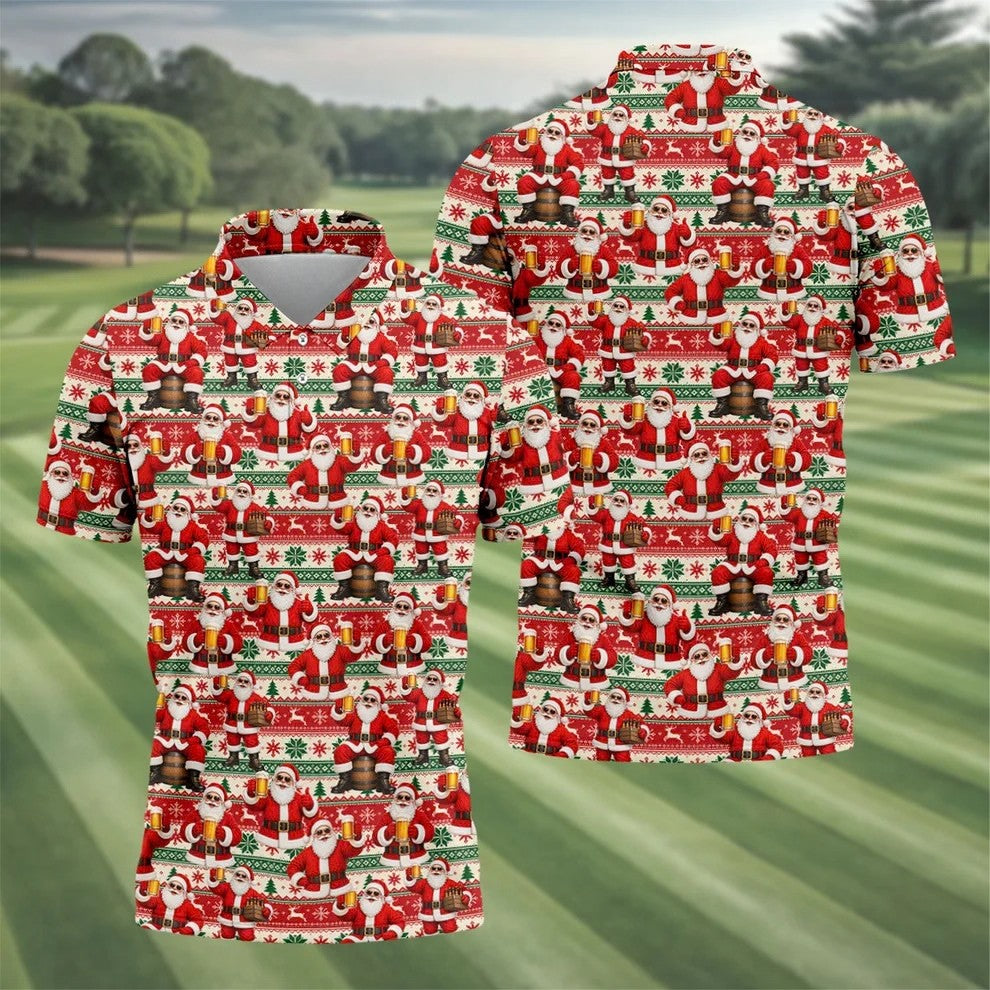 Funny Santa Beer Ugly Sweater Christmas Golf Shirt, Mens Golf Shirts, Polo Shirts For Men