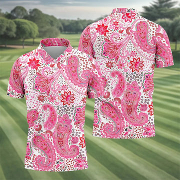 Pink Paisley Floral Pattern Golf Shirt, Mens Golf Shirts, Hawaiian Golf Shirt, Golf Apparel For Men