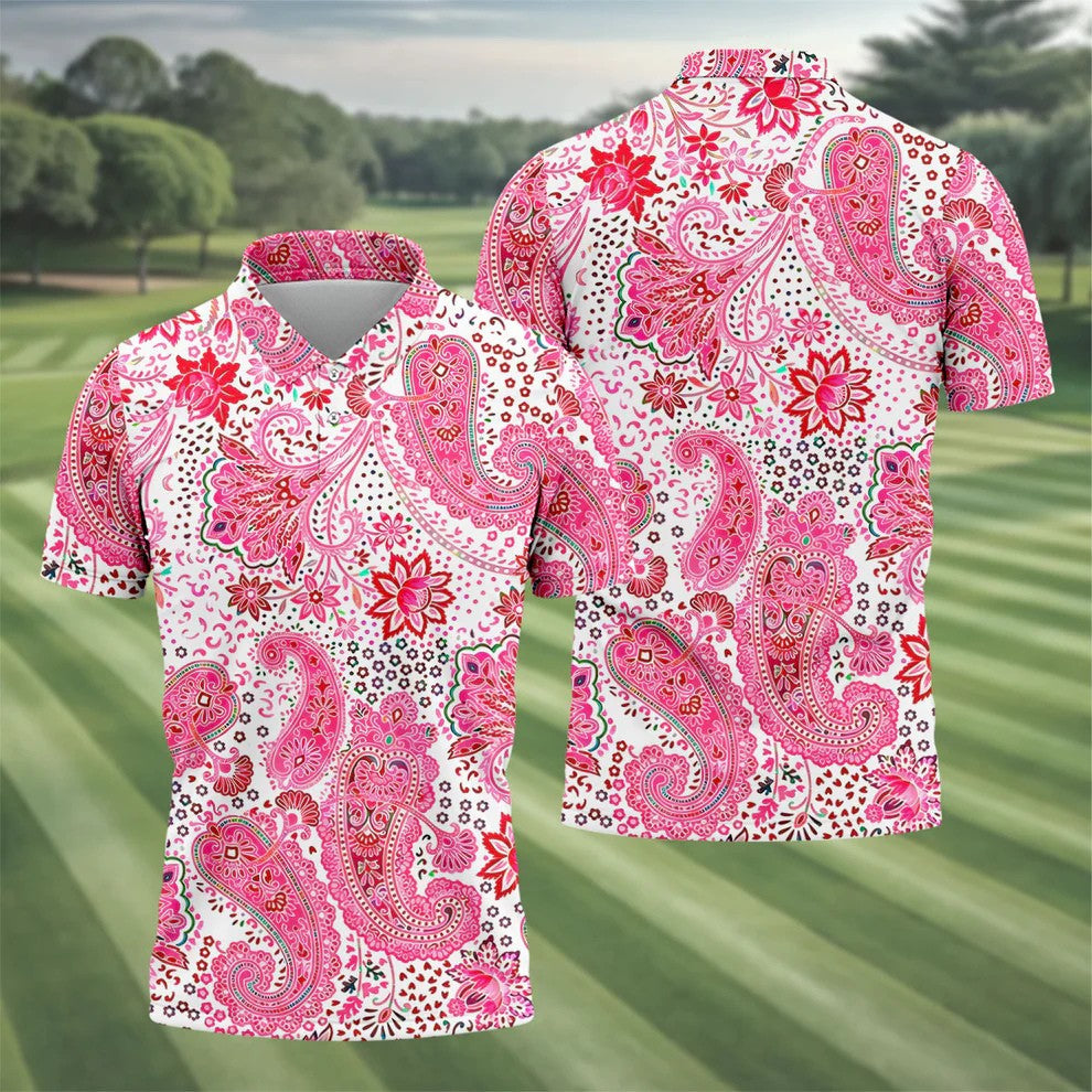 Pink Paisley Floral Pattern Golf Shirt, Mens Golf Shirts, Hawaiian Golf Shirt, Golf Apparel For Men