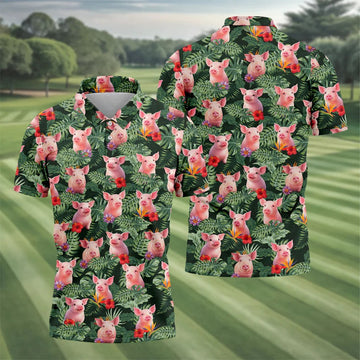 Cute Pig Tropical Monstera Hawaiian Golf Polo Shirt, Hawaiian Golf Shirt, Golf Shirts For Men