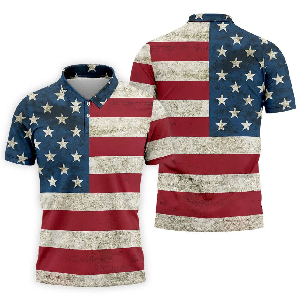 Distressed US Flag Golf Shirt, 250 Years Patriotic 4th Of July Golf Shirts For Men