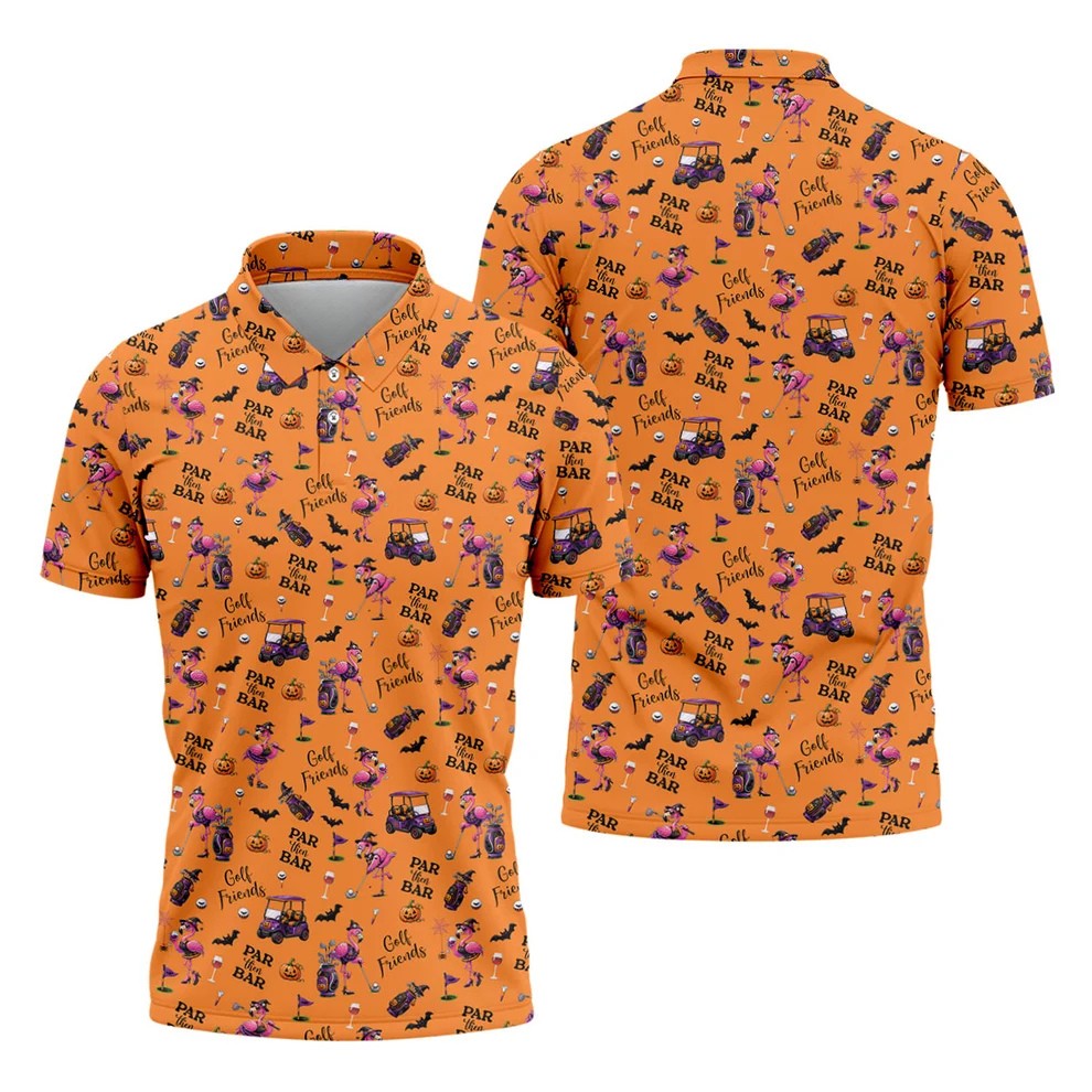 Orange Par Then Bar Flamingo Halloween Shirt, Golf Polo Shirts For Men, Printed Golf Shirts