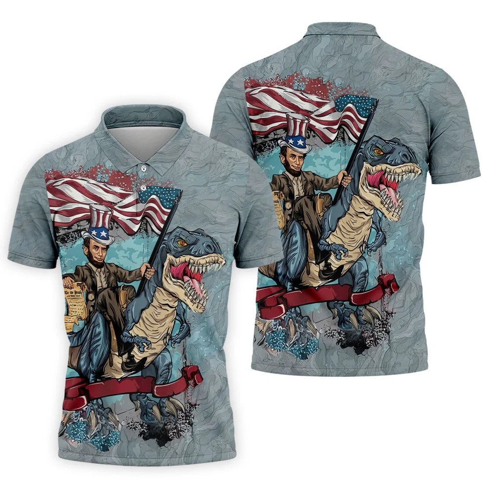 T-Rex Dinosaur US Flag Pattern 4th Of July Golf Shirt, Patriotic 250 Years Golf Shirts For Men