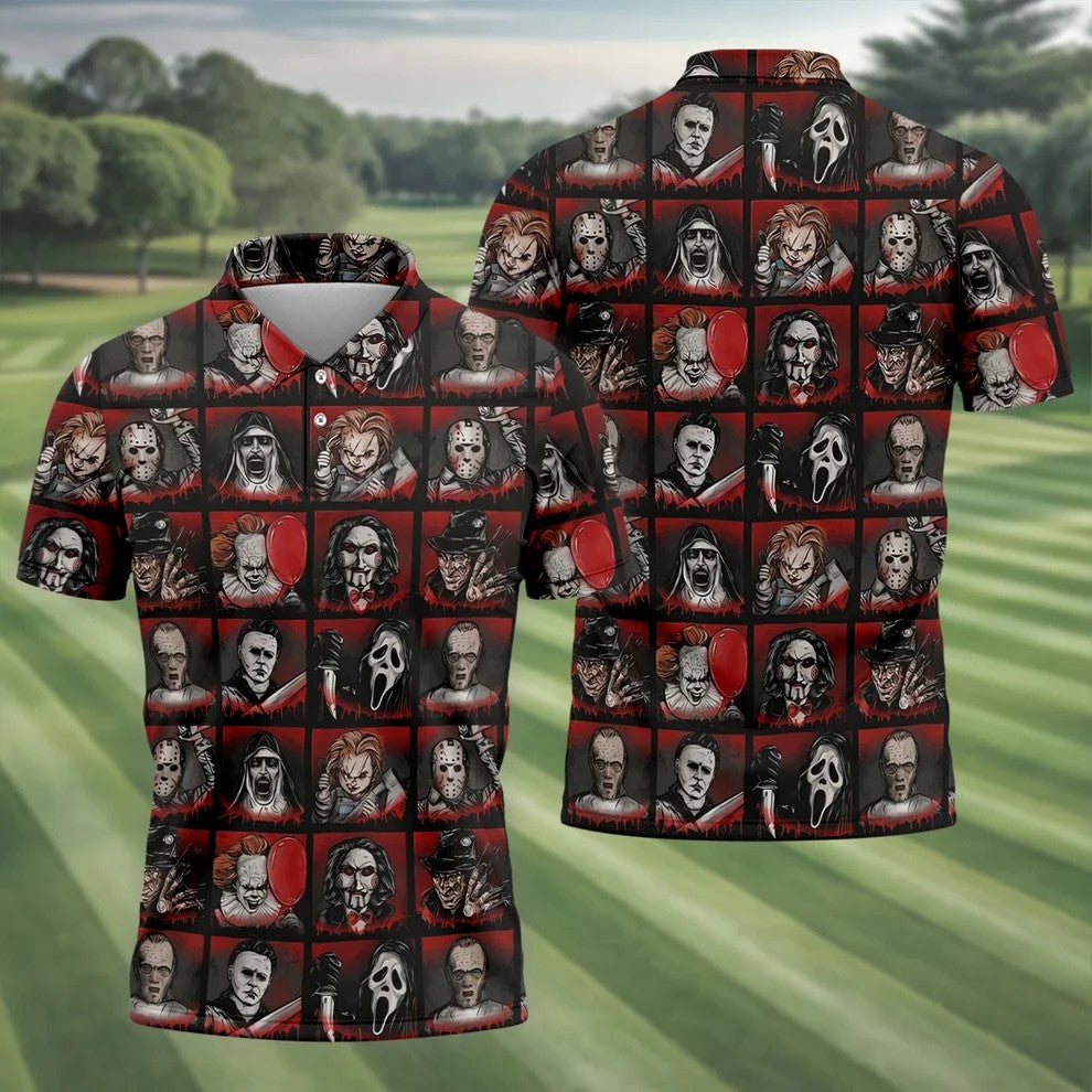Horror Character Grid Halloween Golf Shirt, Mens Golf Polo, Golf Apparel For Men
