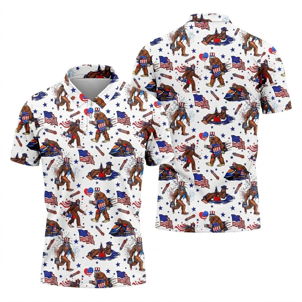Bigfoot Sasquatch Funny Golf Polo Shirt, America 250 Anniversary Golf Shirt, 4th Of July Polo