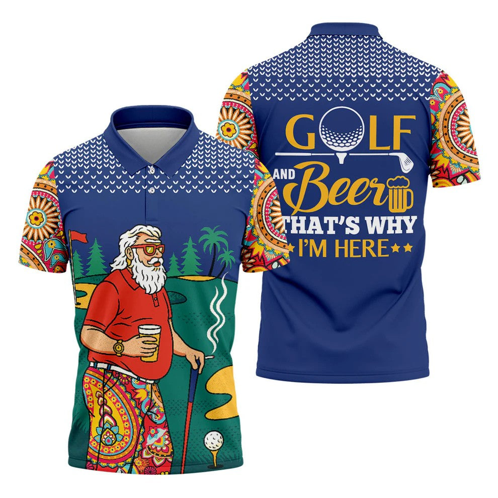 Funny Bearded Golfer With Beer And Paisley Sleeves Golf Polo, Golf Shirts For Men, Hawaiian Golf Shirt