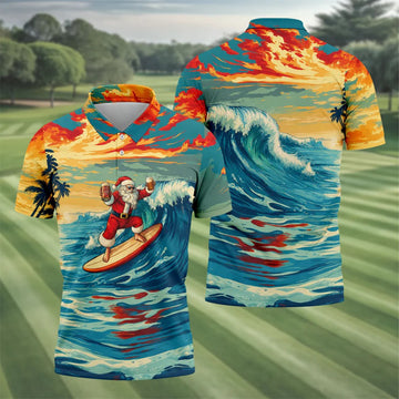 Tropical Surfing Santa Sunset Christmas Golf Shirt, Men's Golf Shirt, Hawaiian Golf Shirt