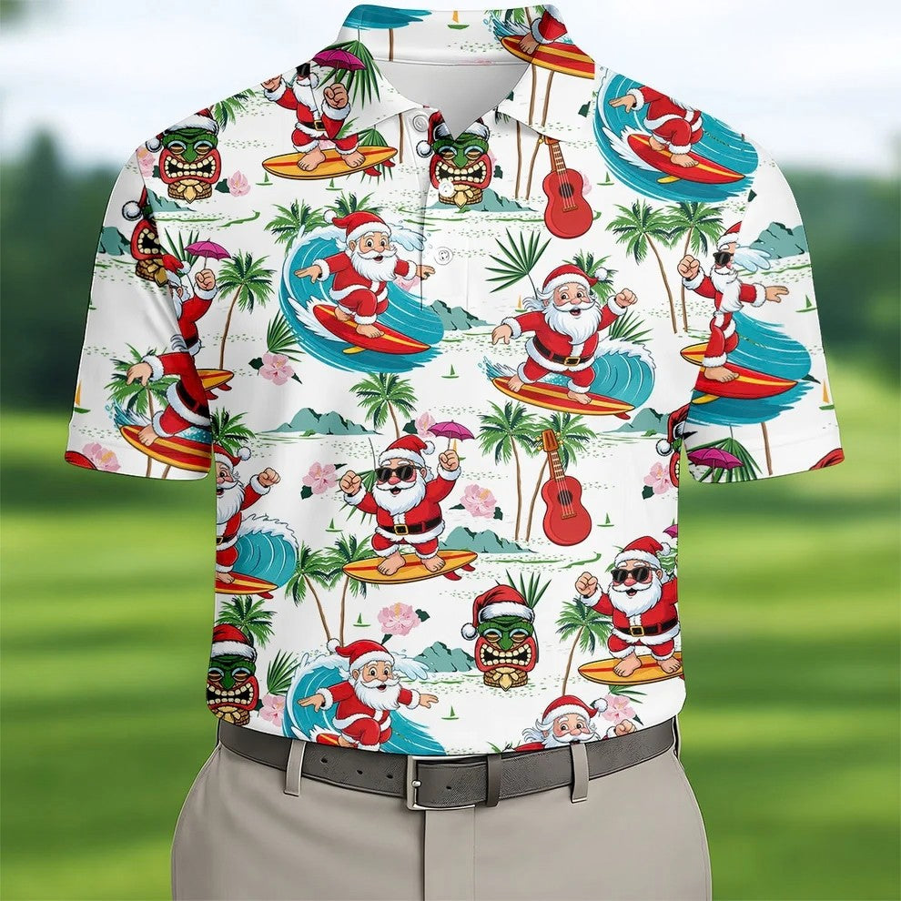Tropical Christmas Surfing Santa Golf Polo Shirt, Mens Golf Polo, Golf Apparel For Men