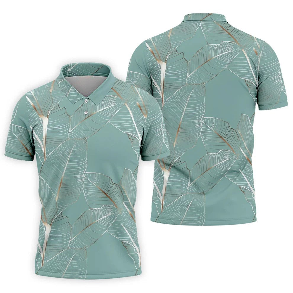 Tropical Leaves Blue Grey Golf Shirt, Summer Hawaiian Golf Shirt, Golf Shirts For Men