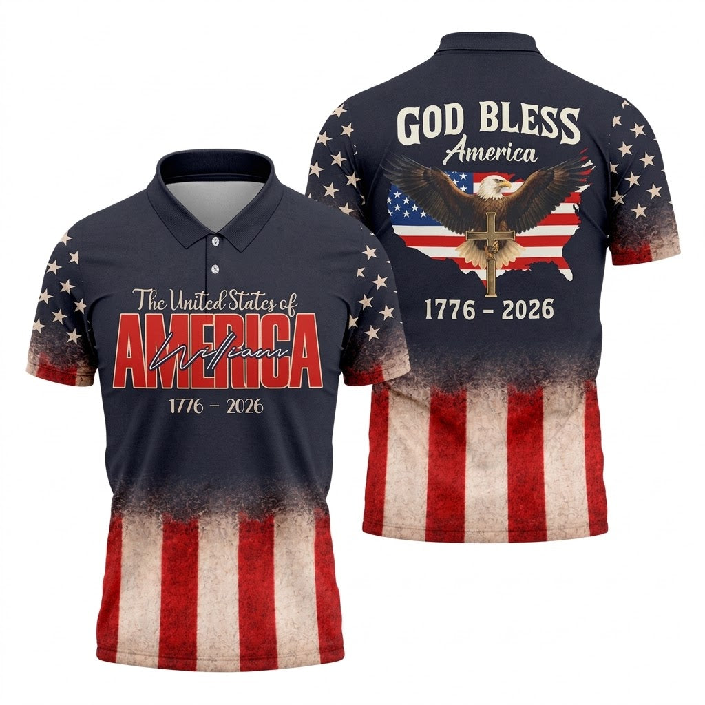 God Bless America Faith Cross Bald Eagle Patriotic Golf Shirt, 250 Years Golf Shirts For Men