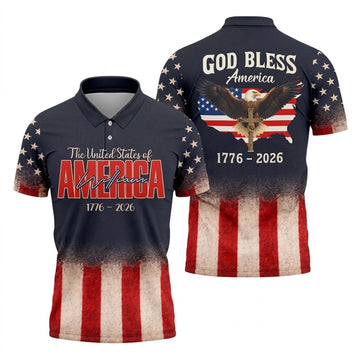 God Bless America Faith Cross Bald Eagle Patriotic Golf Shirt, 250 Years Golf Shirts For Men
