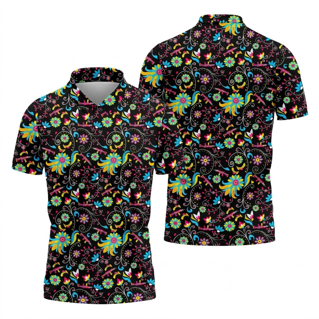 Flores De Mayo Cinco De Mayo Celebration Fiesta Themed Tropical Pattern Golf Shirts For Men