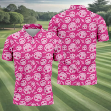 Pink Stitched Skull Halloween Golf Polo Shirt, Golf Shirts For Men, Mens Golf Apparel
