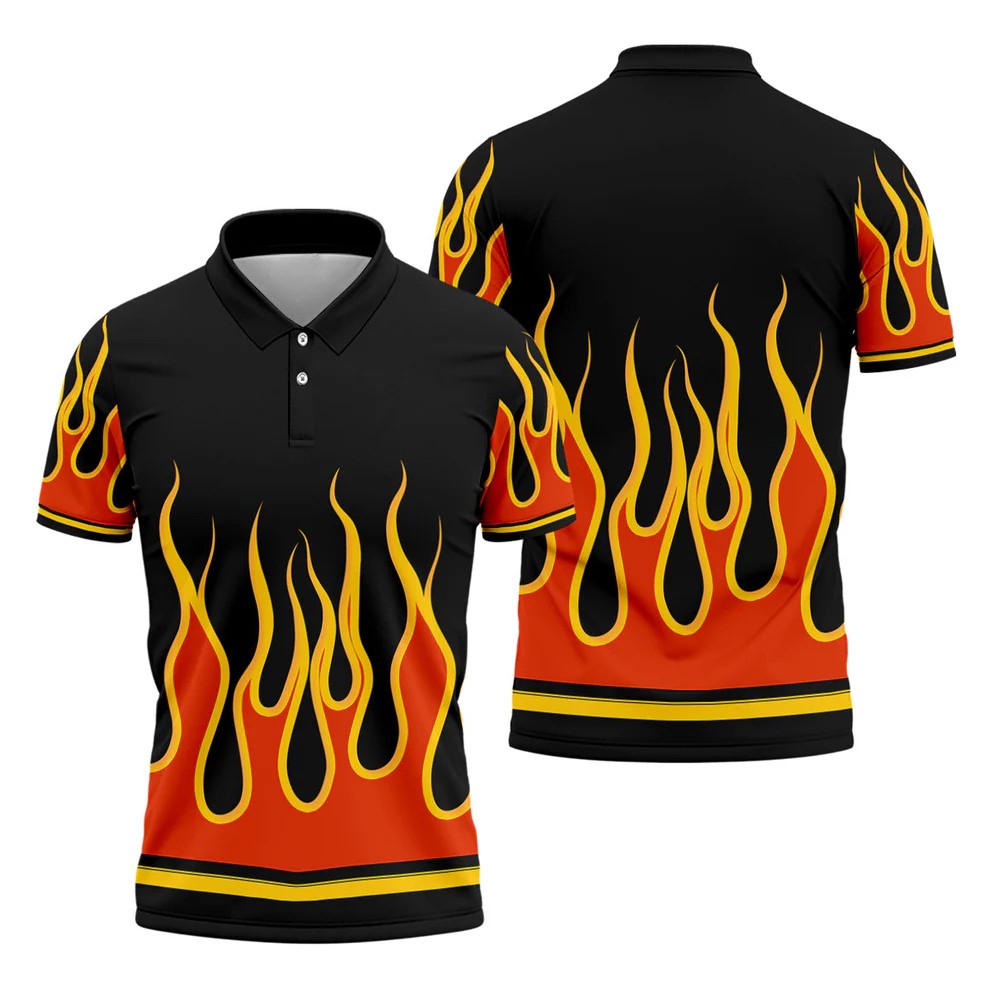 Black Orange Yellow Flame Sleeve Golf Shirt, Mens Golf Polo, Printed Golf Shirts