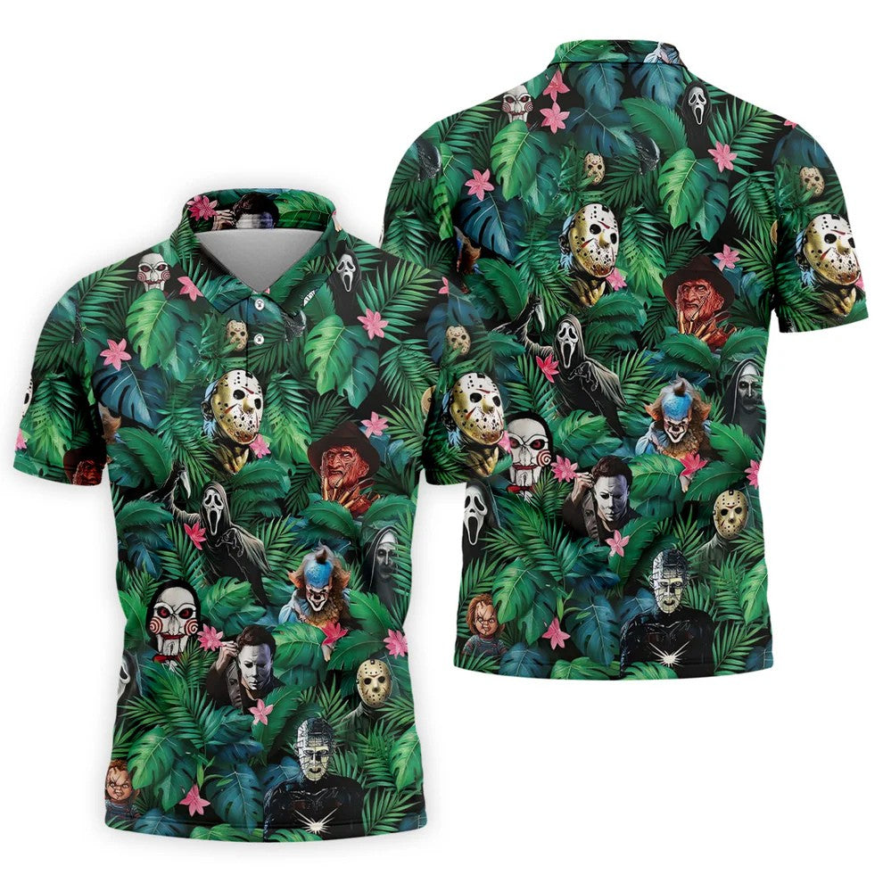 Tropical Horror Character Pattern Golf Polo Shirt, Mens Golf Shirts, Hawaiian Golf Shirt