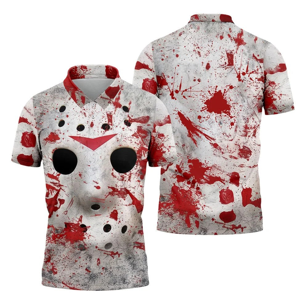 Creepy Mask Face Golf Tops For Men, Horror Character Cosplay Polo ShirtFor Men, Halloween Golf Shirt