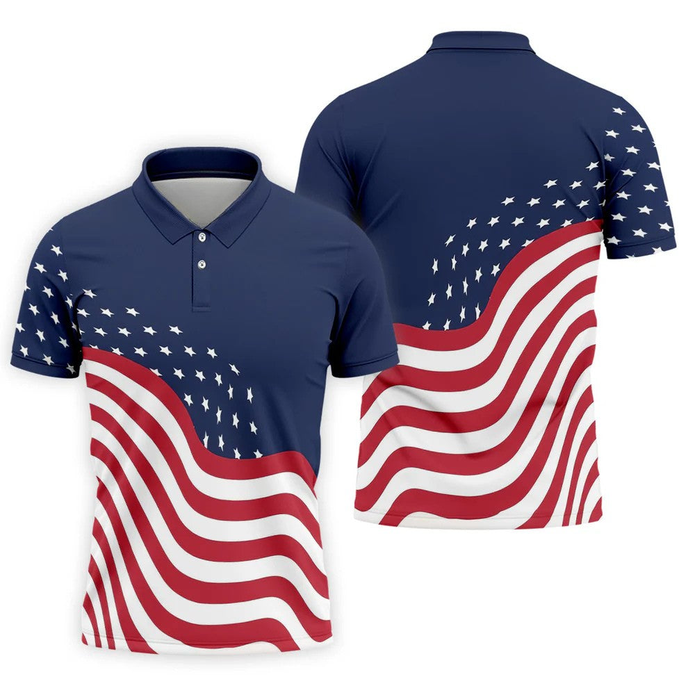 Red White Blue Wavy Stripes And Stars 4th Of July Patriotic Golf Shirt, 250 Years Golf Shirts For Men