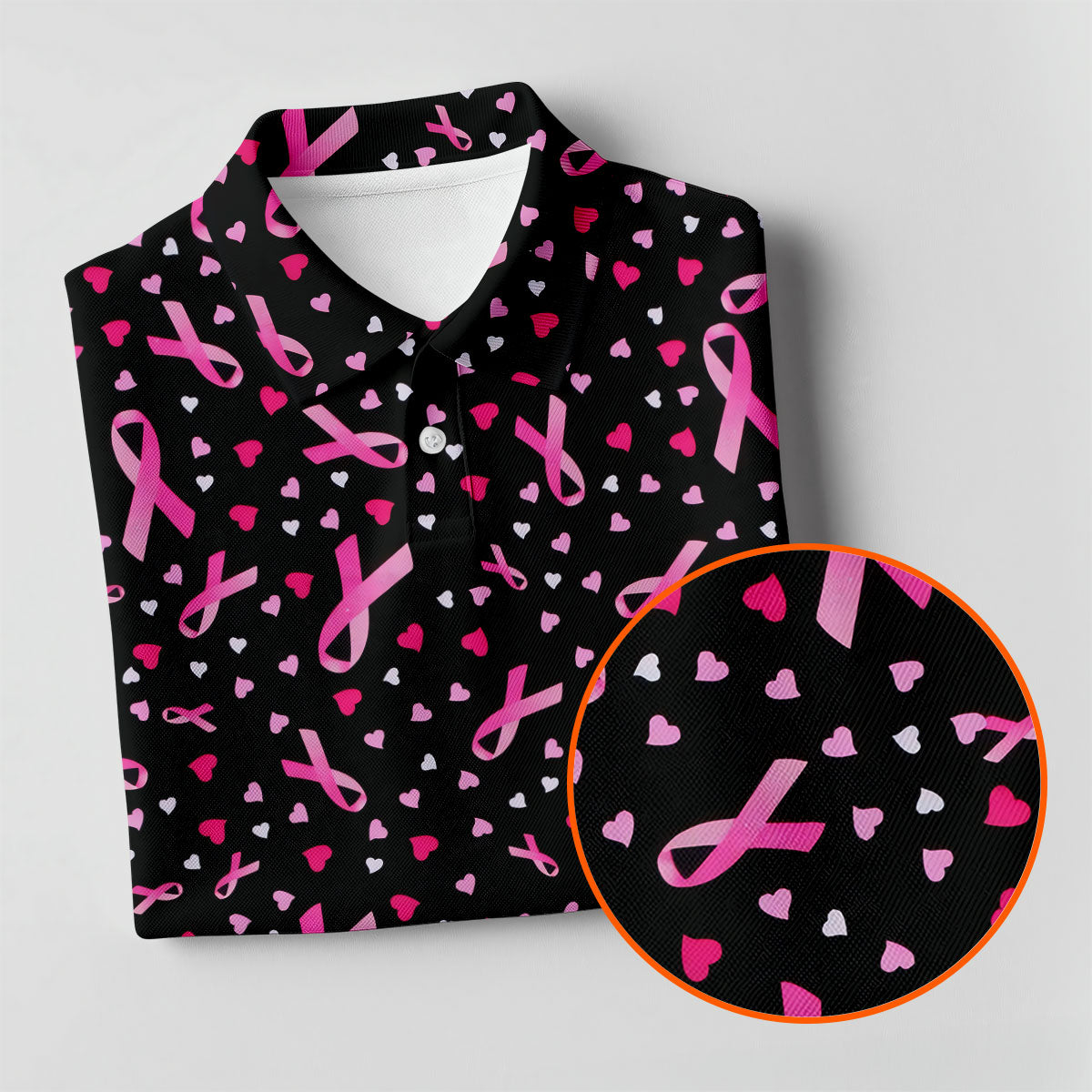 Black Pink Ribbon Heart Breast Cancer Polo Shirt, Golf Shirts For Men, Mens Golf Apparel
