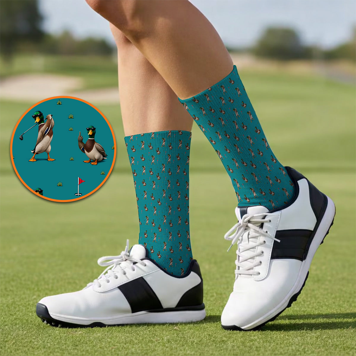 Funny Mallard Duck Golf Socks, Waterfowl Golf Pattern Sock, Gift For Duck Hunting & Golf Lovers