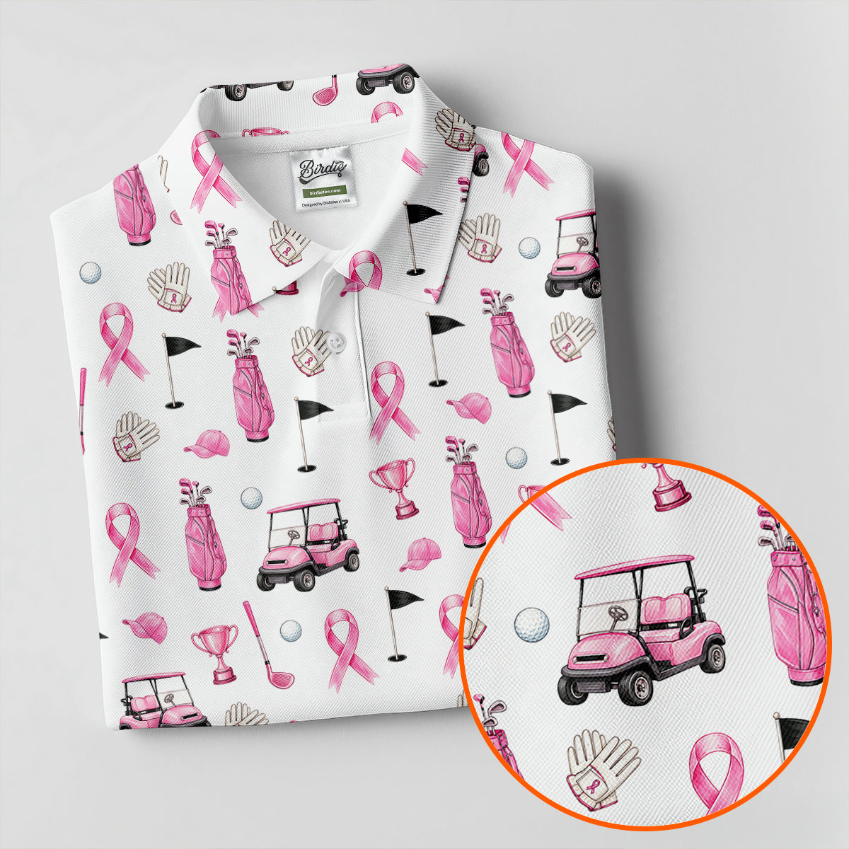 Pink Golf Cart Ribbon Breast Cancer Polo Shirt, Womens Golf Polo, Golf Tops For Women