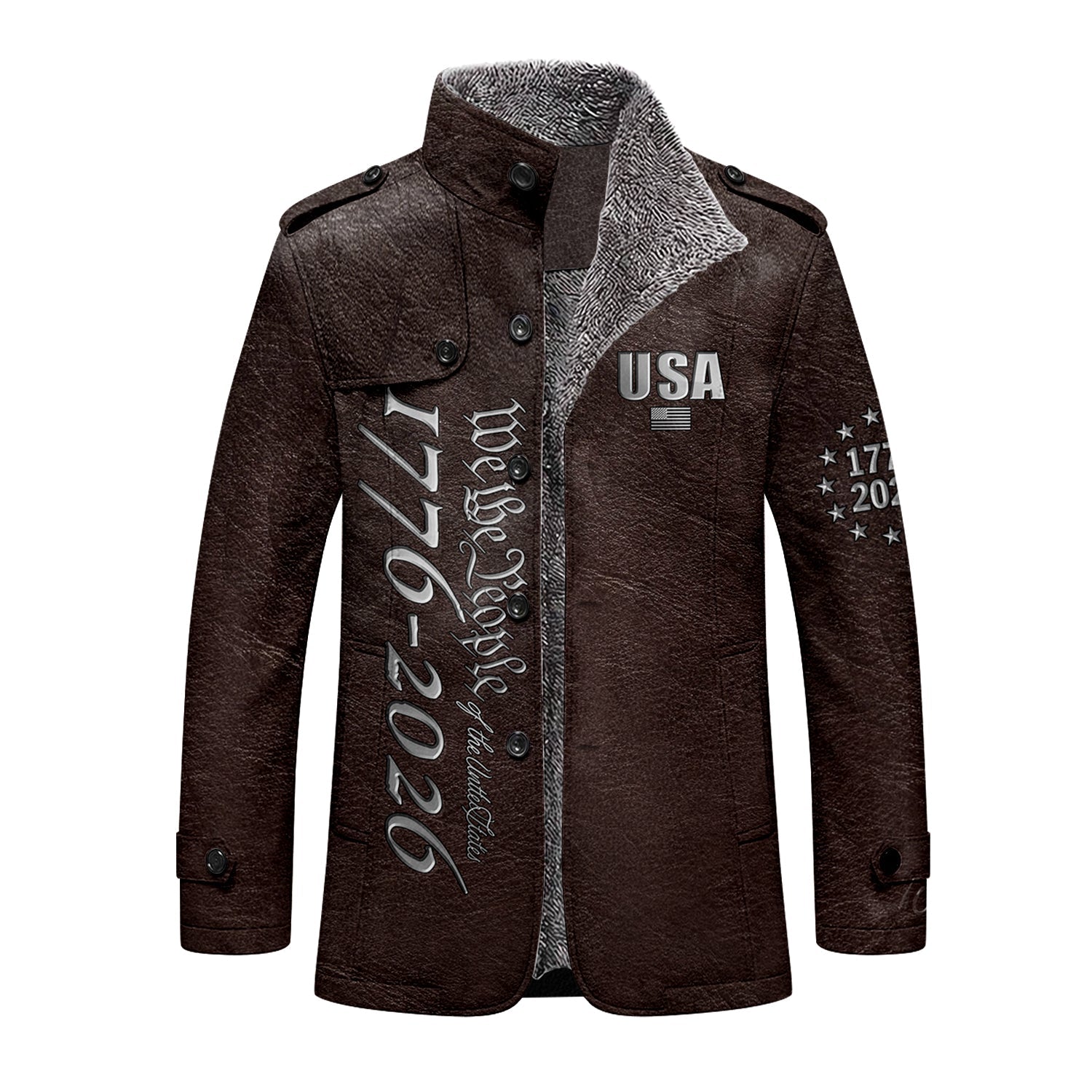 We The People 250 Years Silver Flag Men's Cold Premium Weather Jacket, Leather Trench Coat