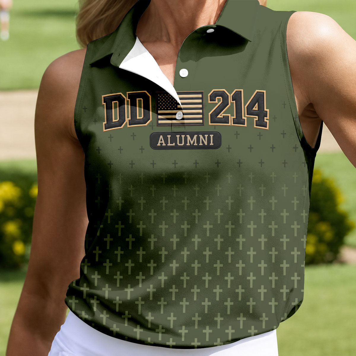DD-214 Alumni Flag Cross Camo Polo Shirt, Veterans Day Shirt, Golf Tops For Women
