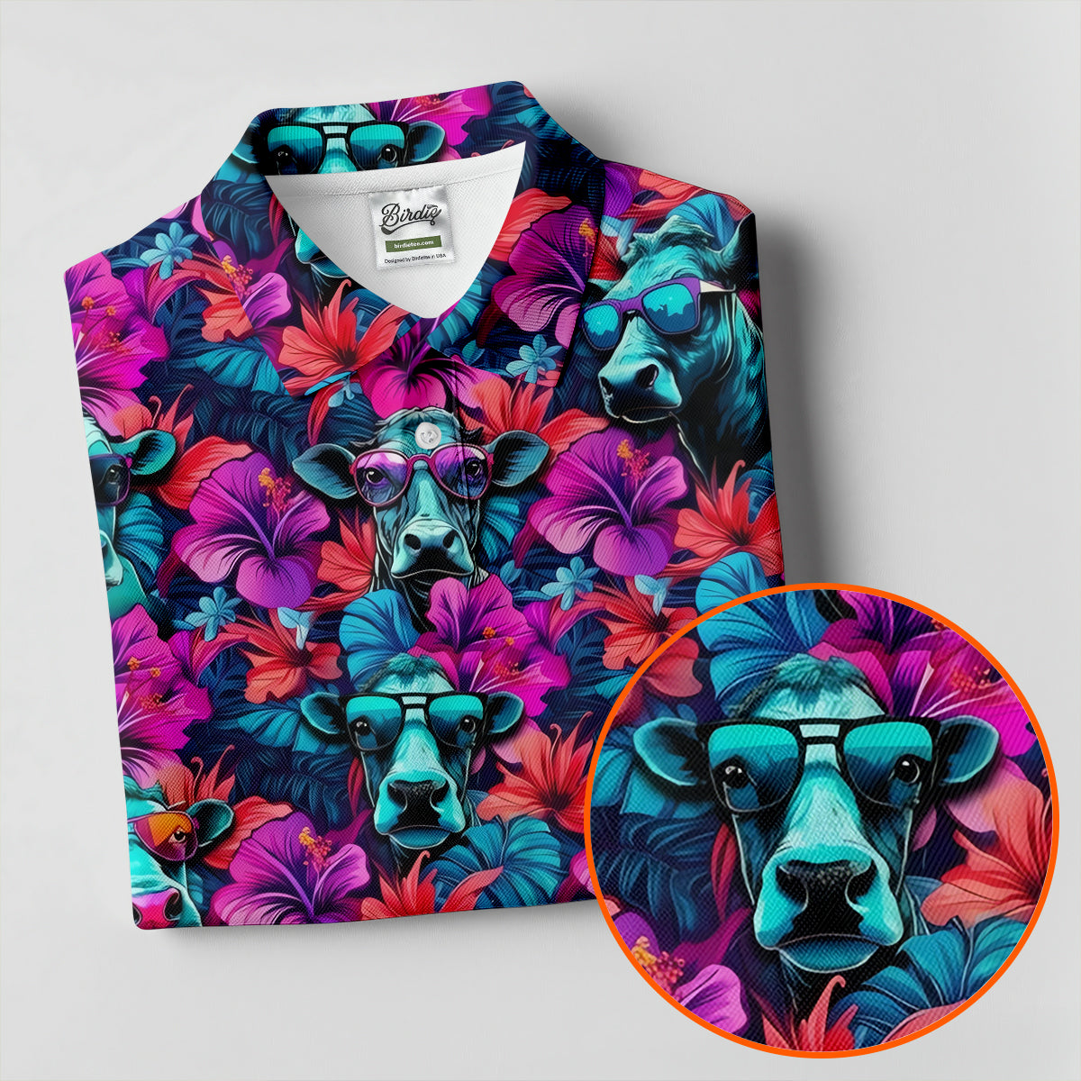 Funny Cow Wearing Sunglasses Tropical Golf Polo Shirt, Golf Shirts For Women, Women's Golf Apparel