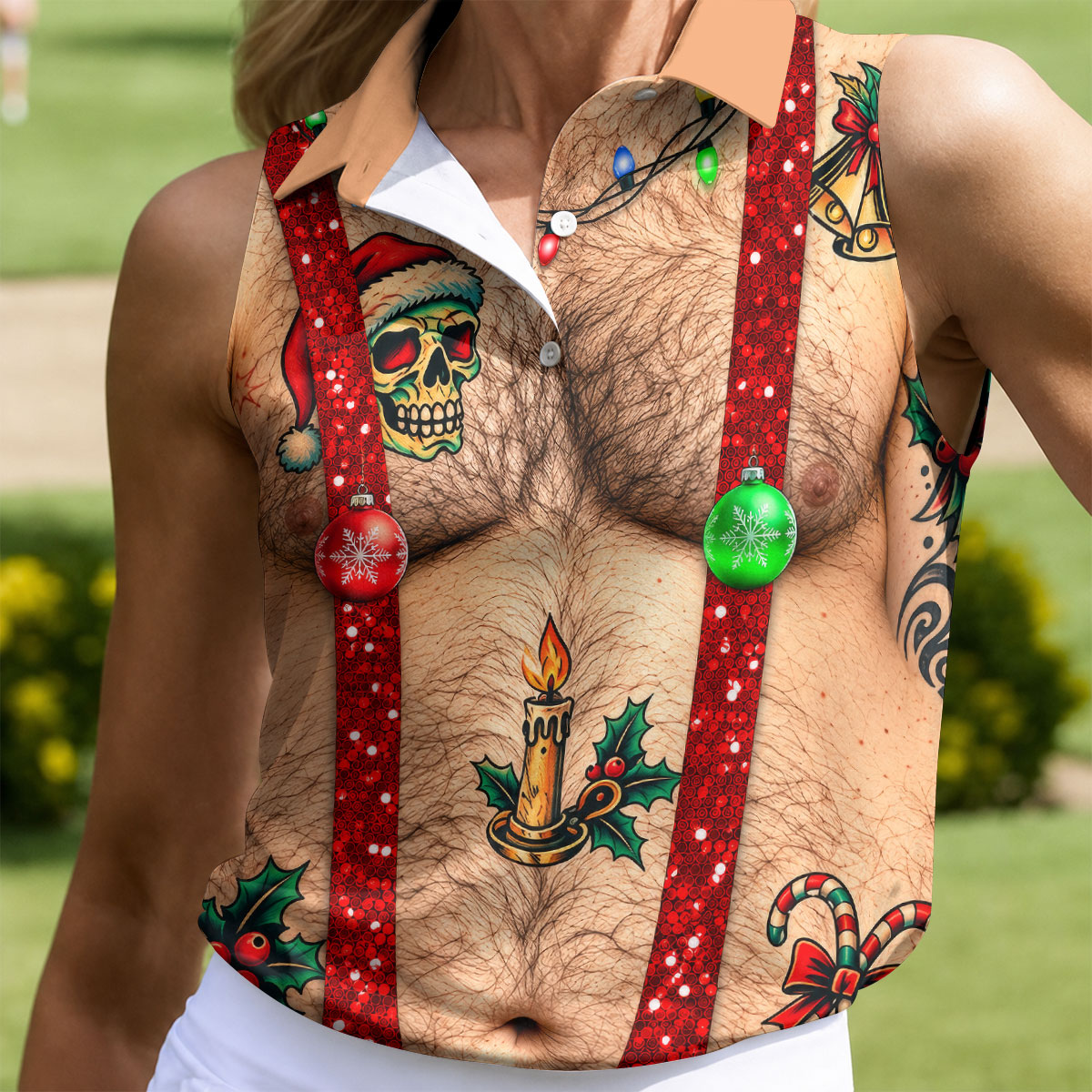 Santa Skull Hairy Chest Christmas Golf Shirt, Womens Golf Tops, Ladies Golf Shirts