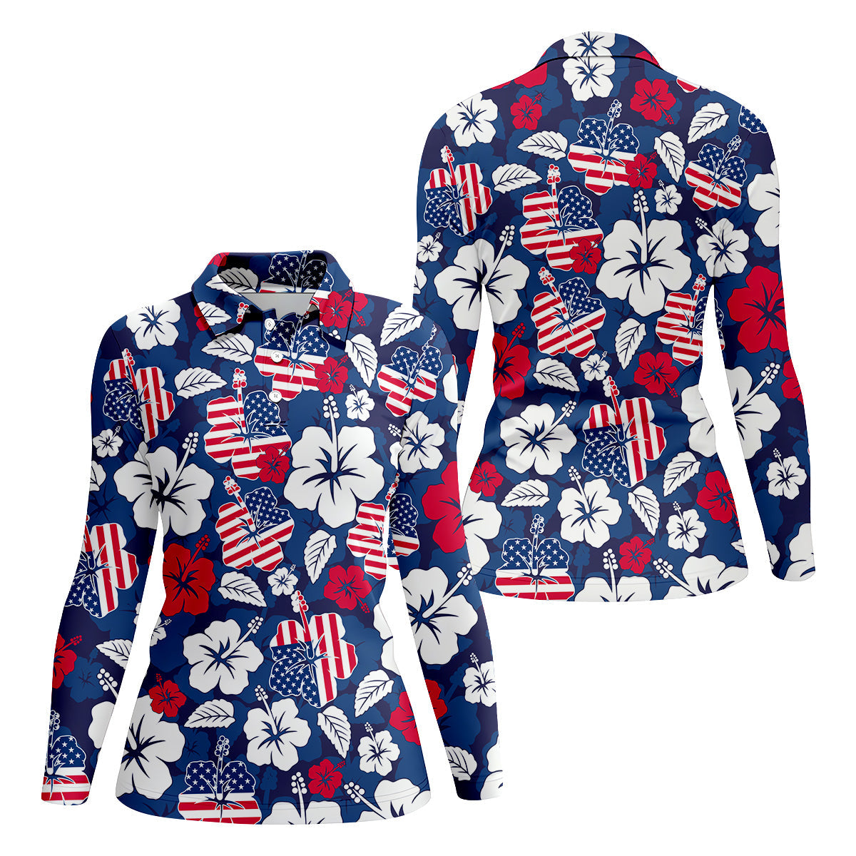 Tropical Hibiscus American Flag Womens Golf Polo Shirt, 4th Of July Shirts, US 250 Anniversary Ladies Golf Shirt