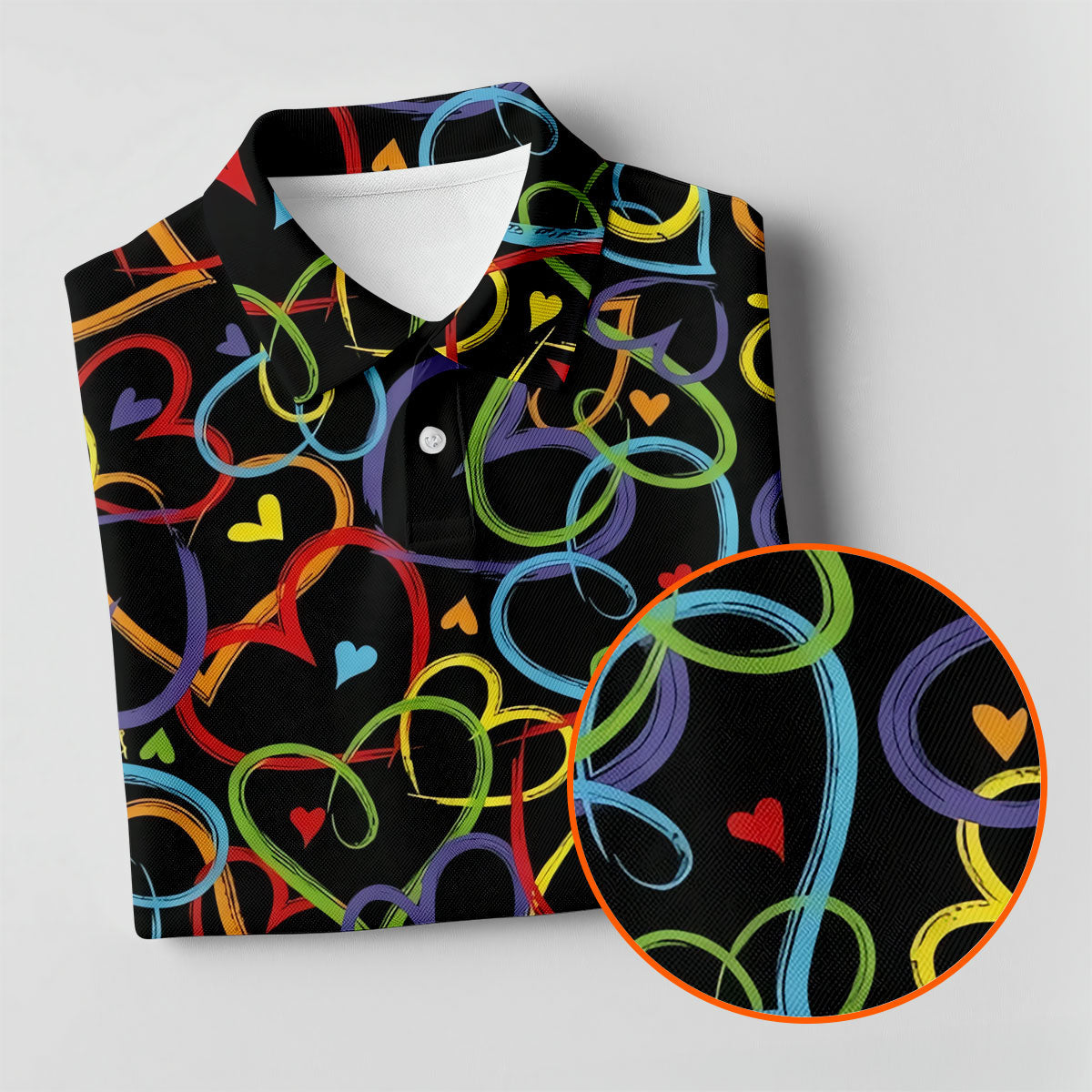 Colorful Heart Outline Pattern Golf Polo Shirt, Golf Polo Shirts For Men, Mens Golf Apparel