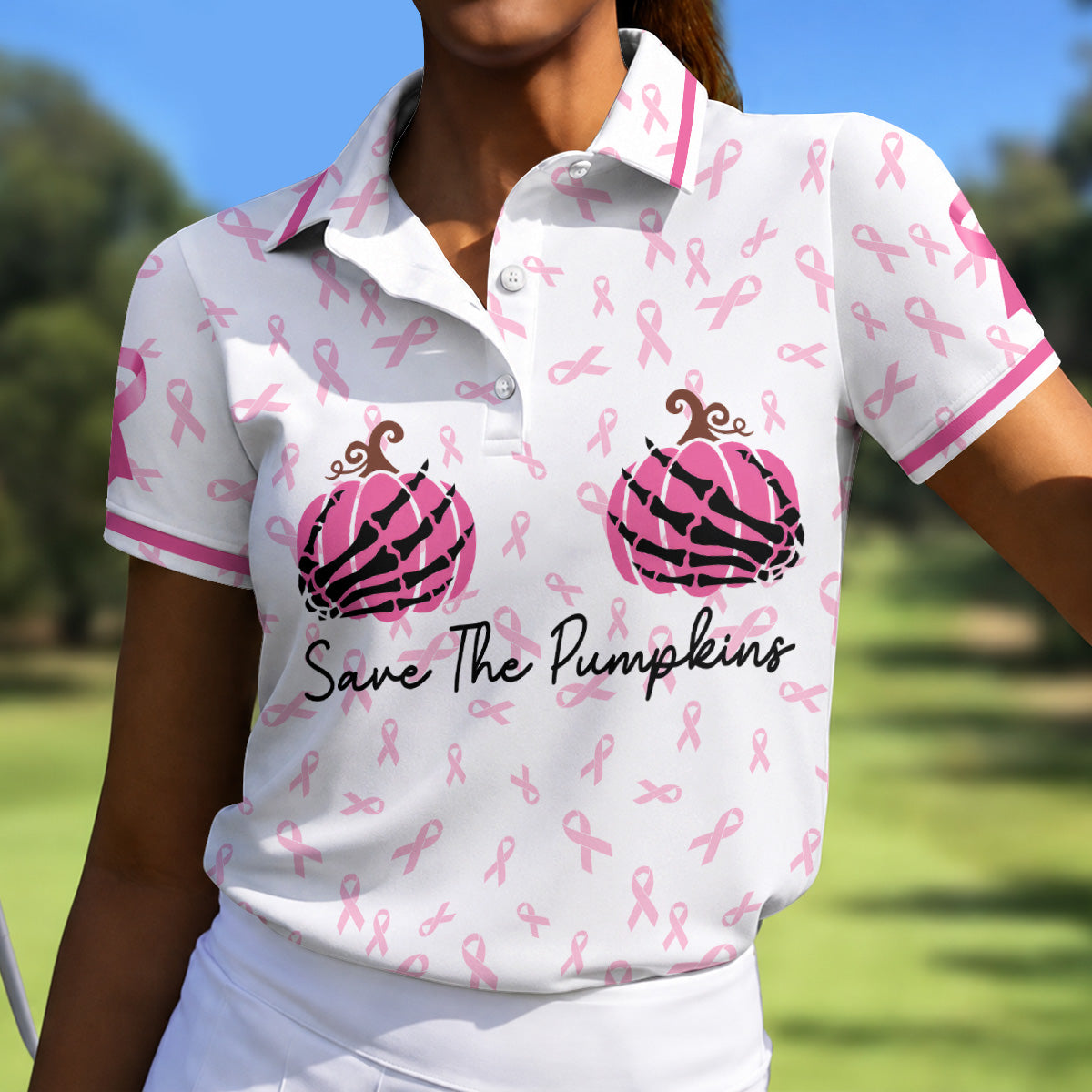 Save The Pumpkins Breast Cancer Ribbon Polo Shirt, Golf Tops For Women, Printed Golf Shirt