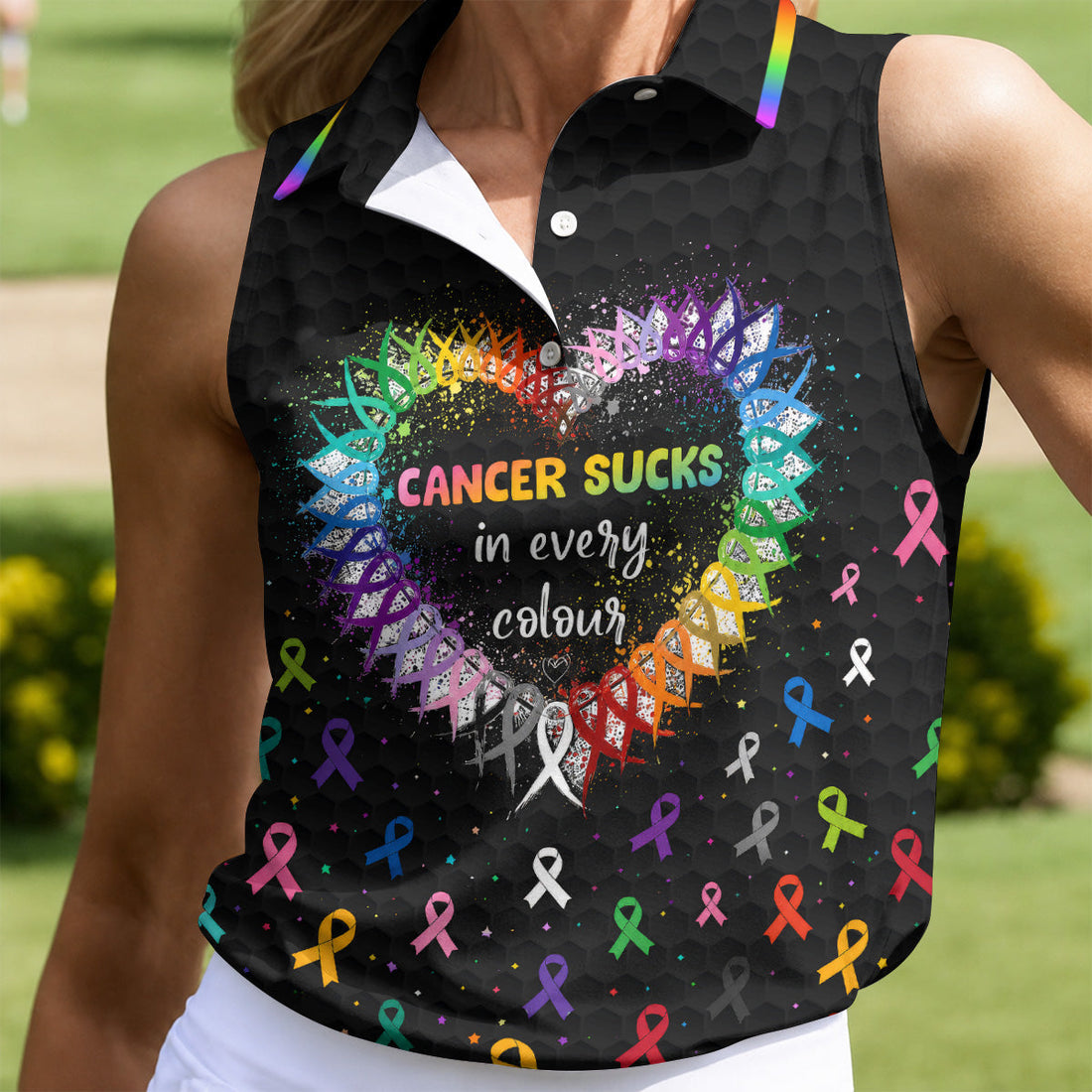 Cancer Sucks In Every Colour Awareness Ribbon Golf Polo Shirt, Golf Tops For Women