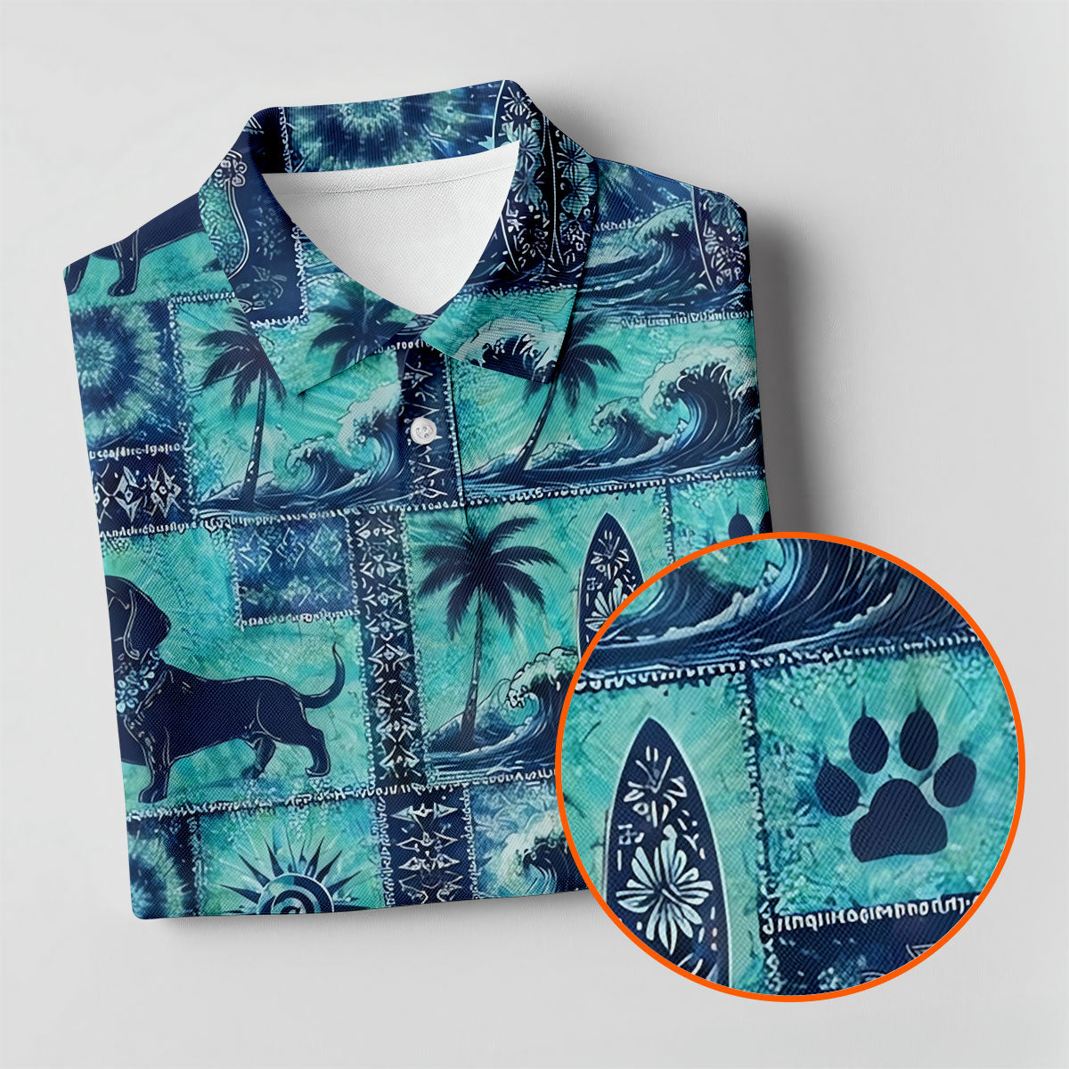 Funny Tropical Dog Surf Patchwork Golf Polo Shirt, Mens Golf Polo, Printed Golf Shirts