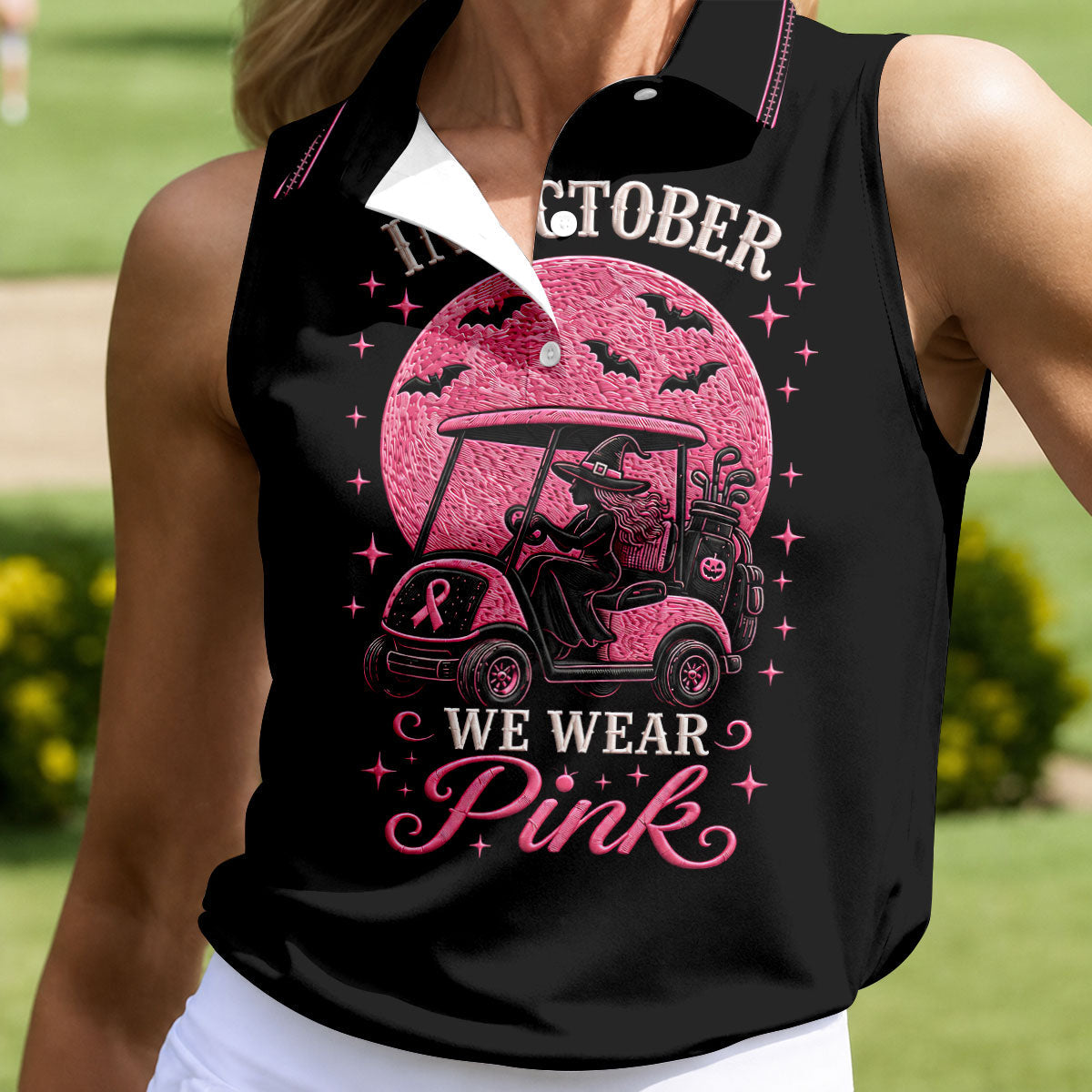 In October We Wear Pink Witch Breast Cancer Golf Polo Shirt, Golf Tops For Women