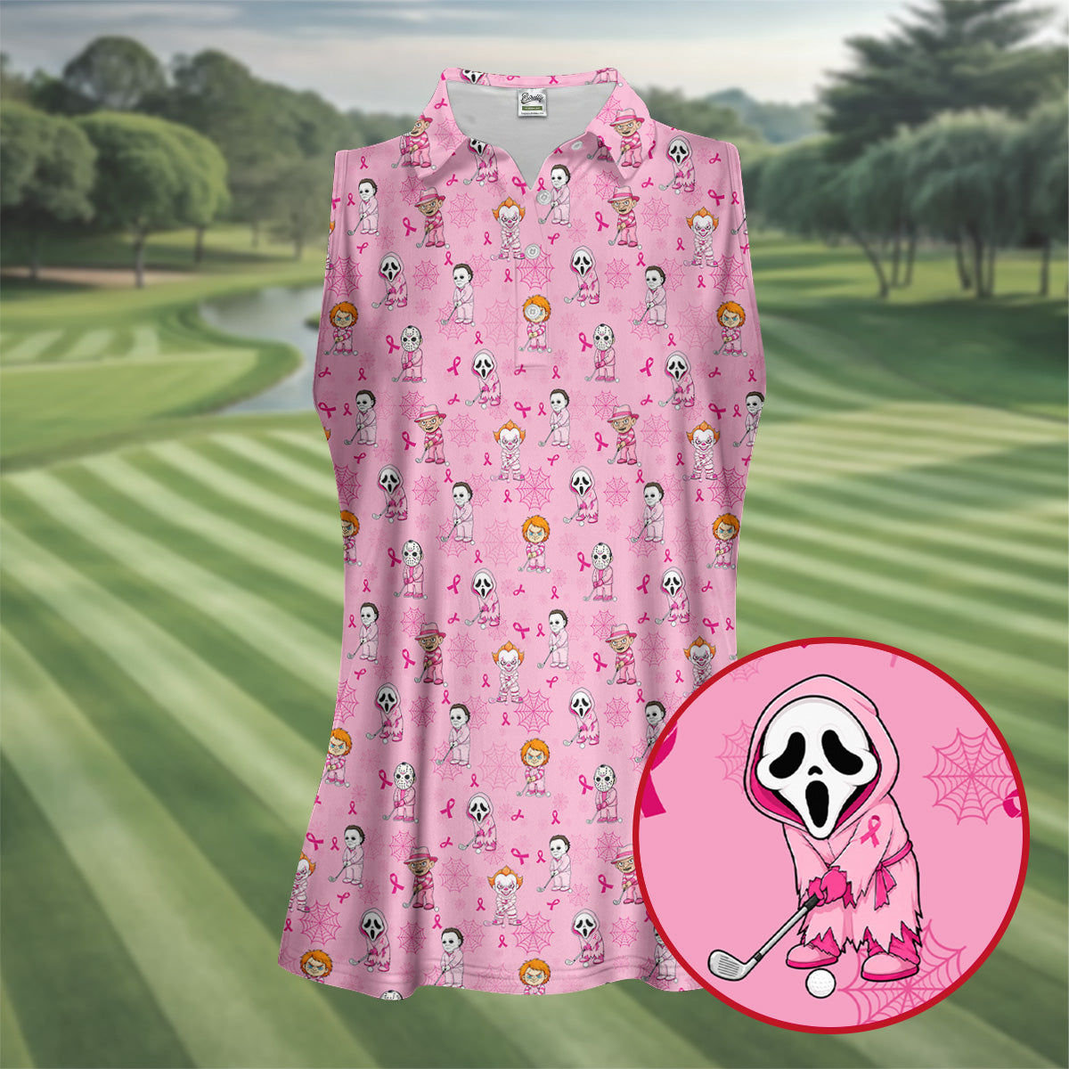 Pink Halloween Horror Breast Cancer Polo Shirt, Women's Golf Polo, Golf Tops For Women