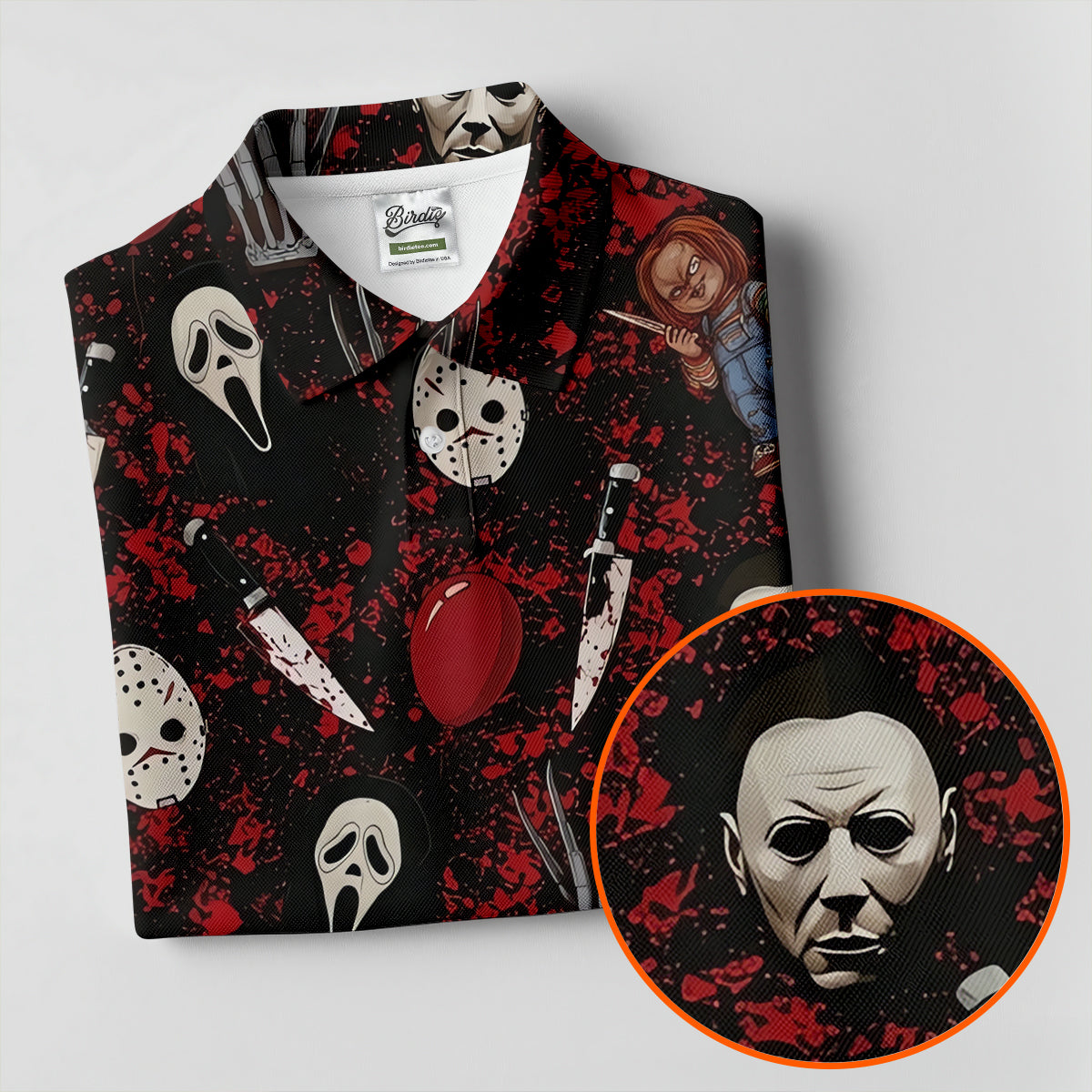 Halloween Horror Character Mask Pattern Hawaiian Golf Shirt, Women's Golf Tops, Golf Polo For Women