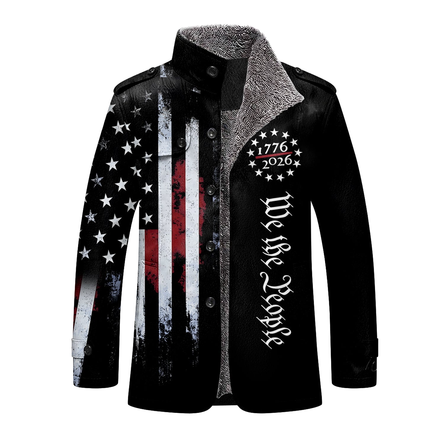 We The People 250 Years Distressed Flag Men's Cold Premium Weather Jacket, Leather Trench Coat