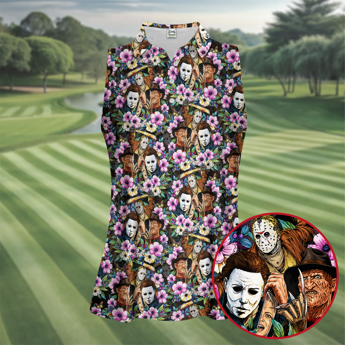 Floral Horror Character Halloween Golf Polo Shirt, Horror Movie Shirt, Women's Golf Polo