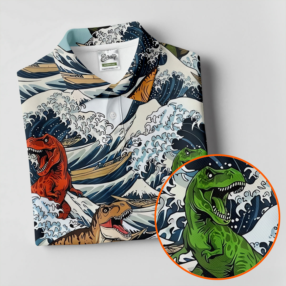 T Rex Surfing Great Wave Golf Polo Shirt, Women's Golf Polo, Golf Shirts For Women