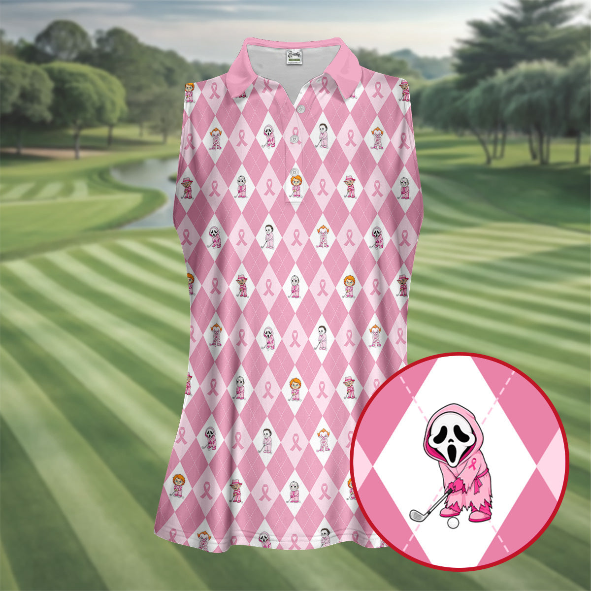 Pink Argyle Horror Character Breast Cancer Polo Shirt, Women's Golf Polo, Golf Tops For Women