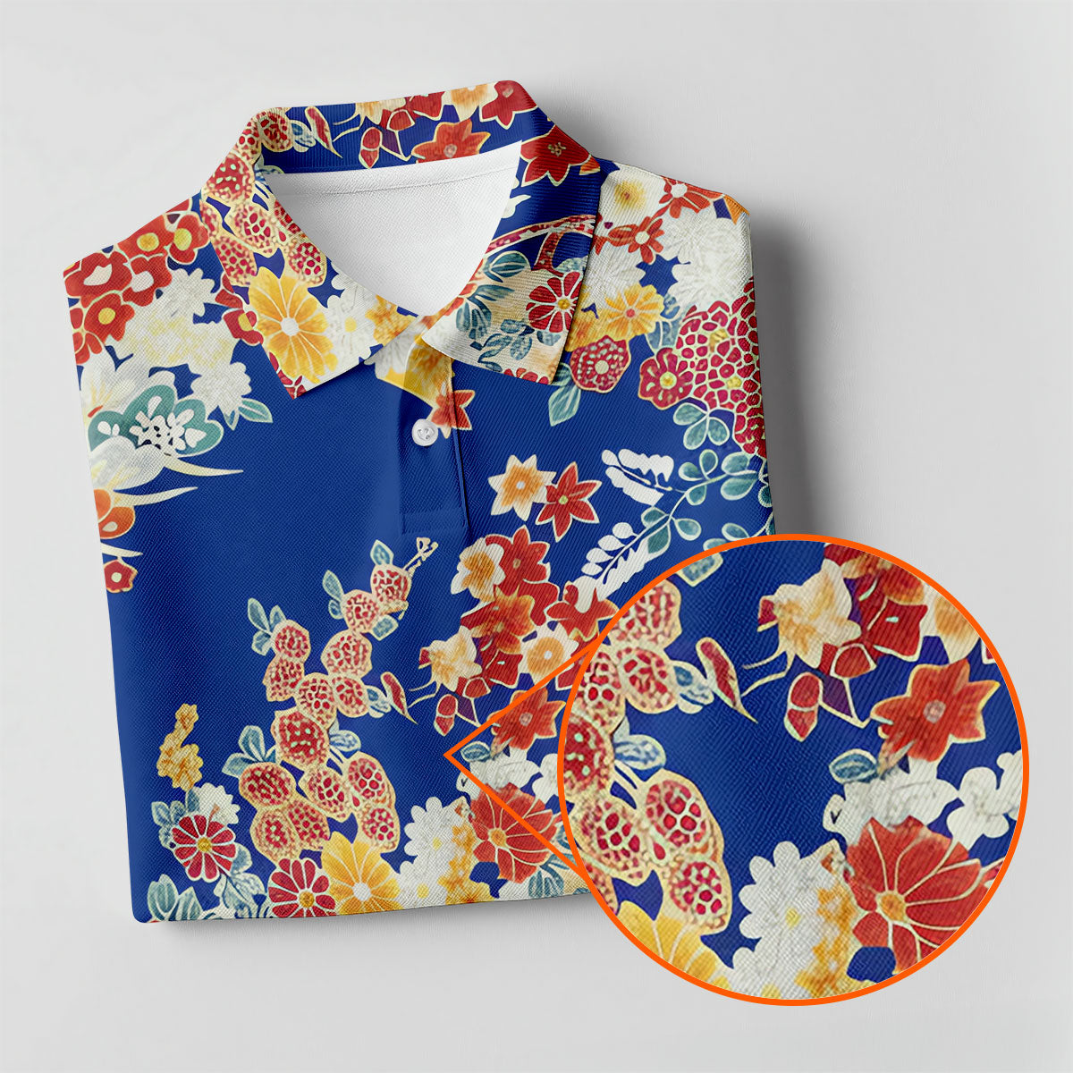 Royal Blue Japanese Floral Pattern Golf Shirt, Mens Golf Apparel, Printed Golf Shirts