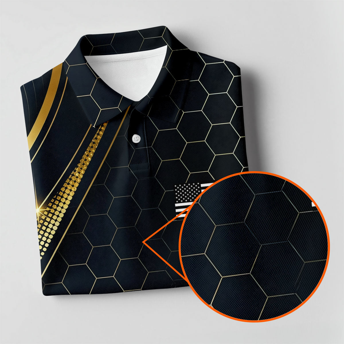 Gold Hexagonal US Flag Logo Retro Golf Shirt, 250 Years Patriotic 4th Of July Golf Shirts For Men