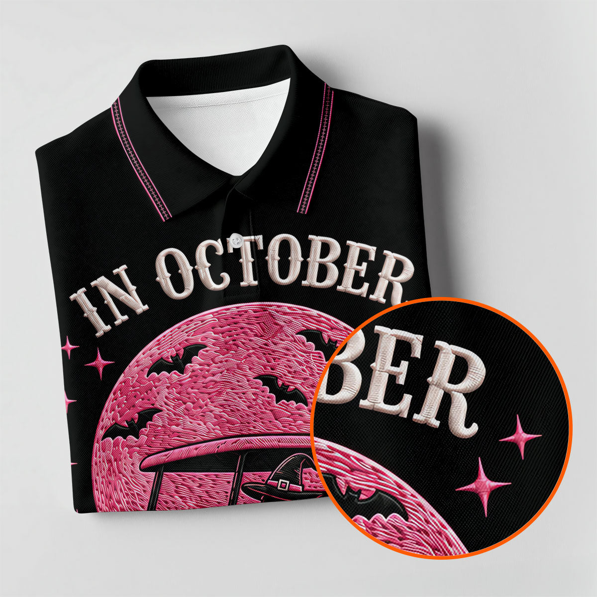 In October We Wear Pink Witch Breast Cancer Polo Shirt, Mens Golf Apparel, Printed Golf Shirts