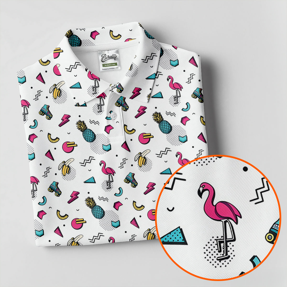 White Retro Summer Flamingo Pattern Golf Polo Shirt, Golf Shirts For Women, Women's Golf Polo